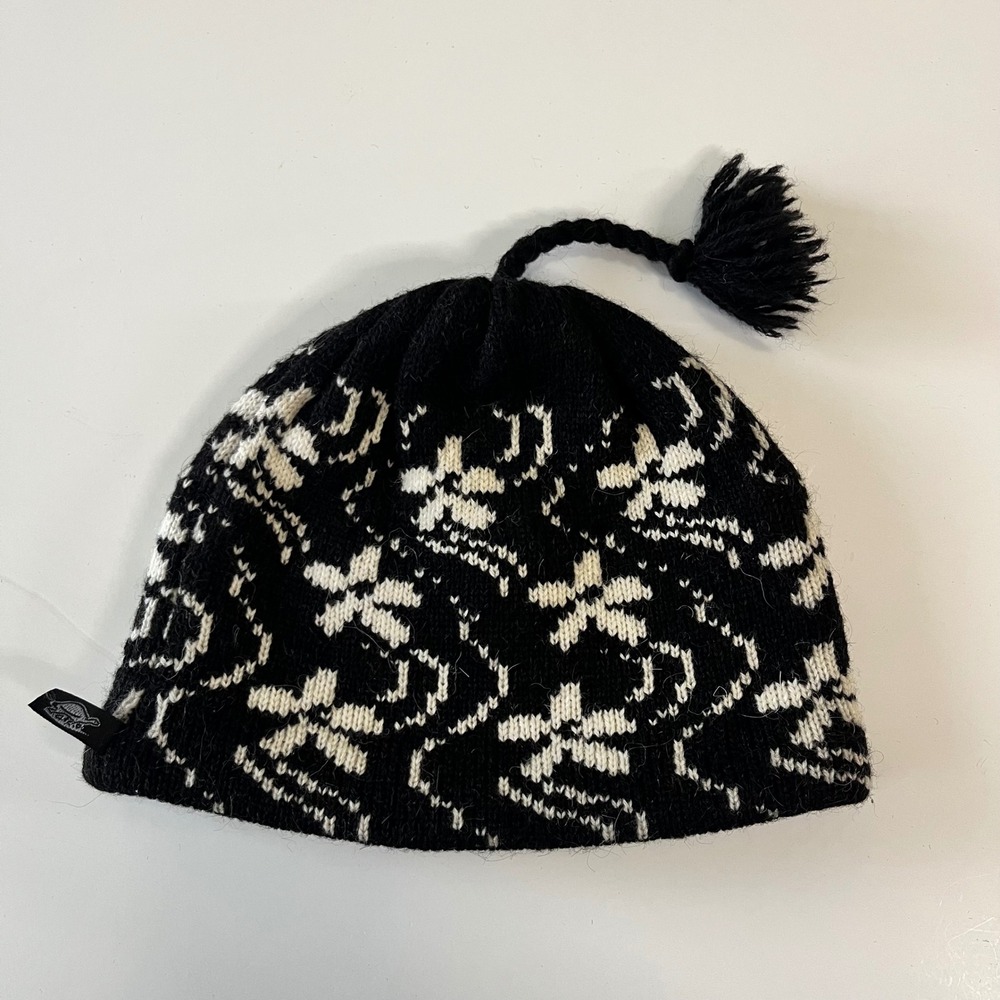 Turtle Fur Beanie Black White Floral Wool Blend Fleece Lined Tassel Knit Hat